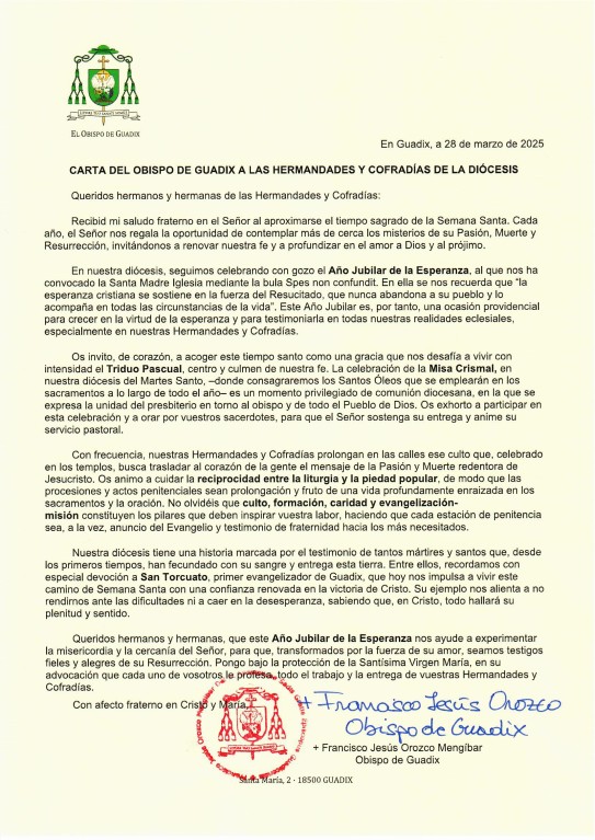 CARTA DEL OBISPO DE GUADIX A LAS HERMANDADES Y COFRADÍAS DE LA DIÓCESIS
